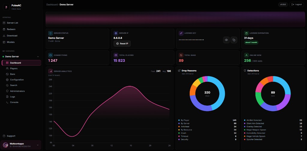 PulseAC Server List preview — select a server to open its dashboard
